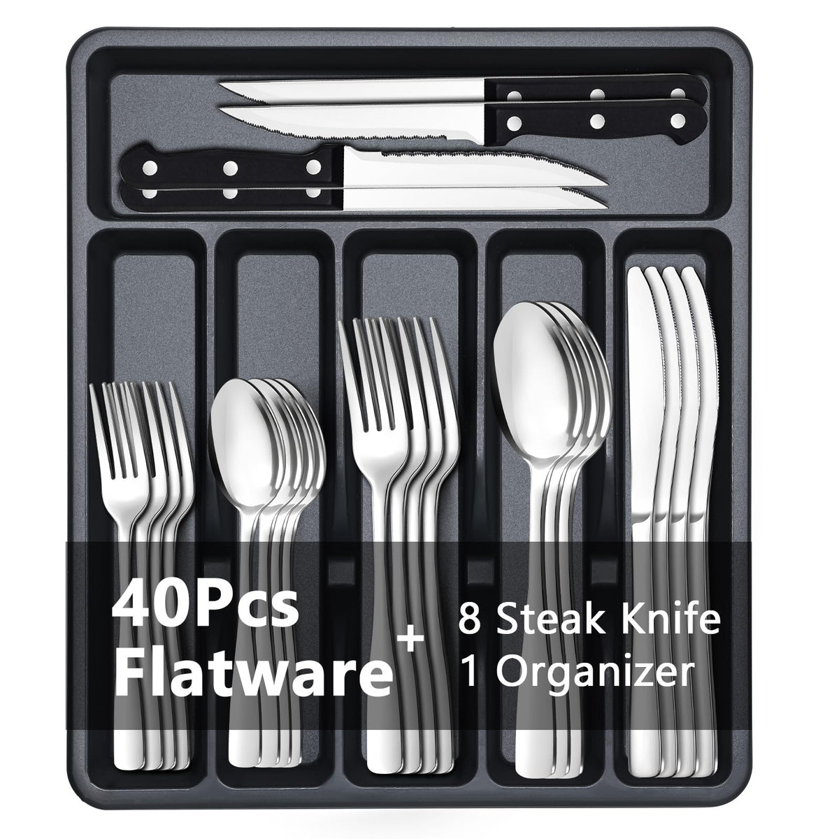 BEWOS 49-piece silverware set in a durable storage box for eight guests.