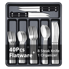 BEWOS 49-piece silverware set in a durable storage box for eight guests.