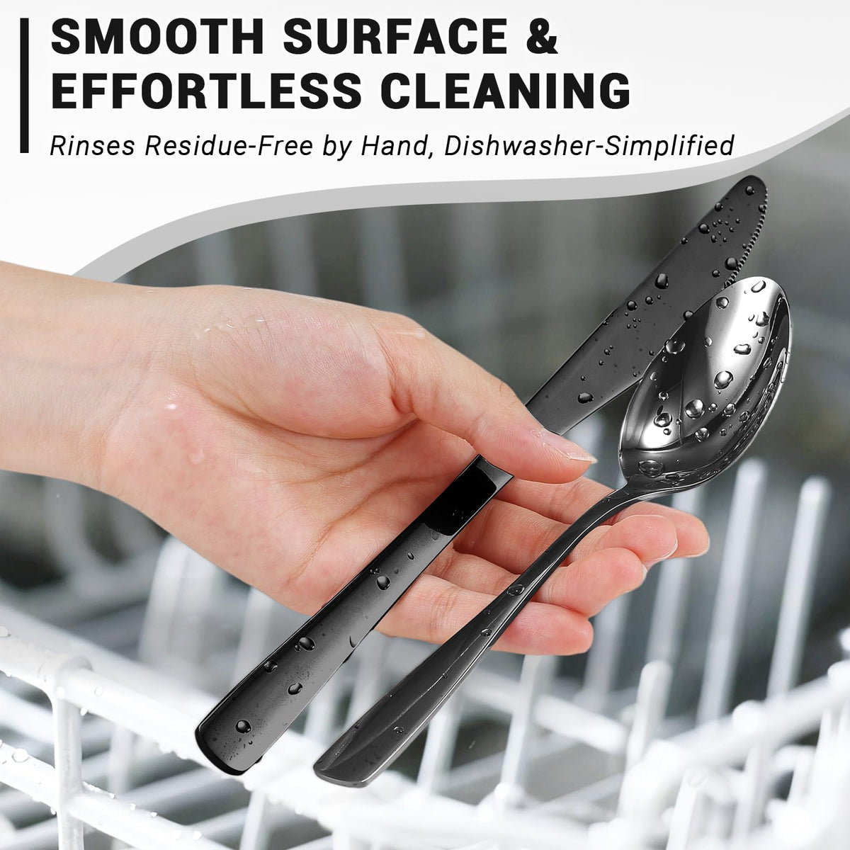 BEWOS dishwasher-safe flatware with smooth surfaces for easy cleaning.