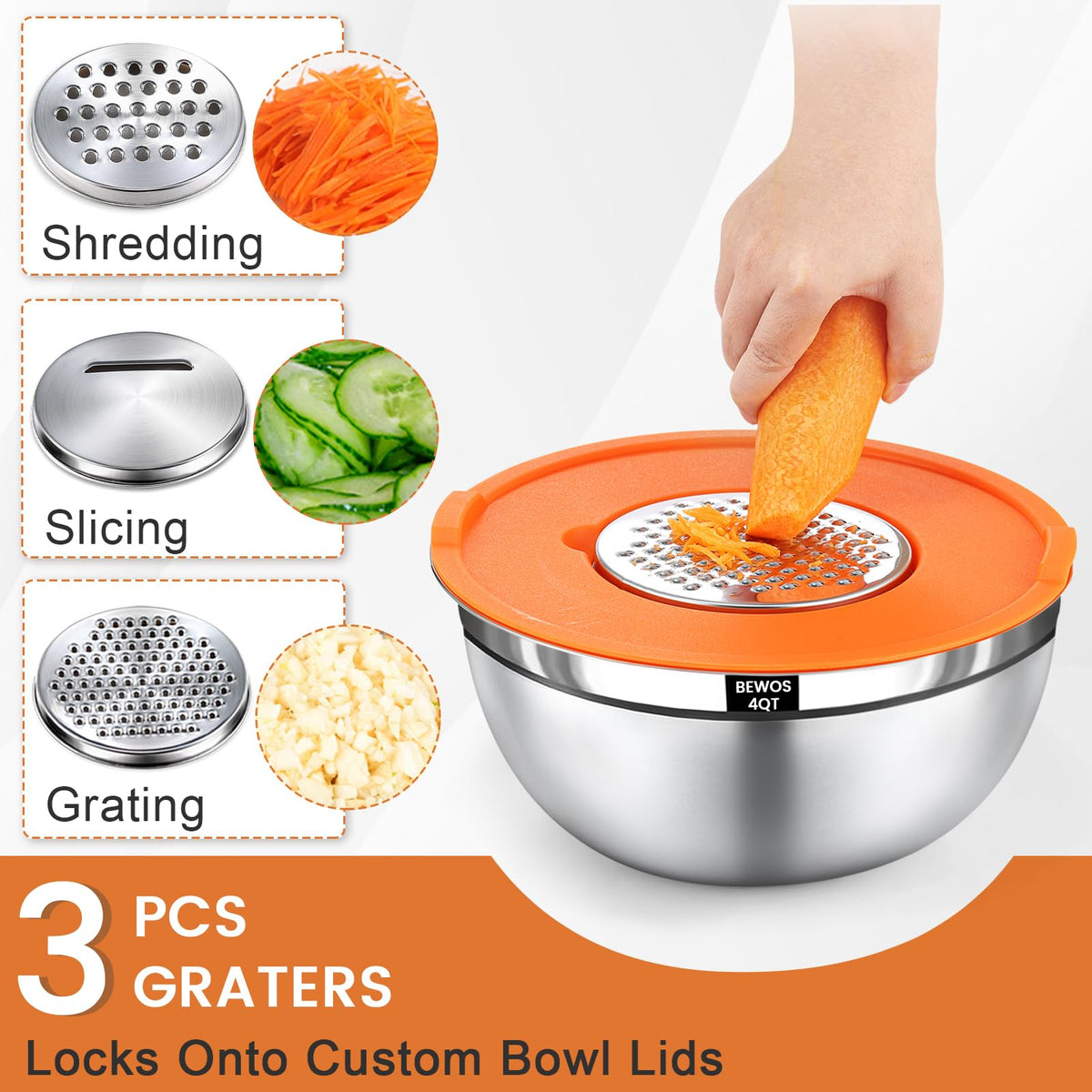 BEWOS grater attachments enable slicing, grating, shredding directly in the bowl.