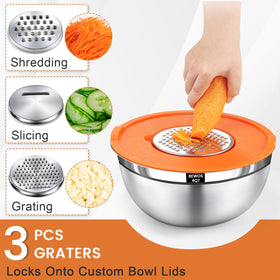 BEWOS grater attachments enable slicing, grating, shredding directly in the bowl.