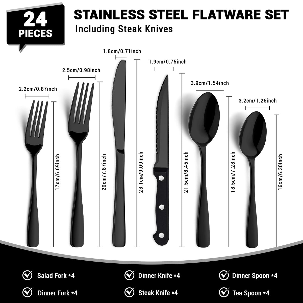BEWOS mirror-polished black silverware closeup showing sleek finish.
