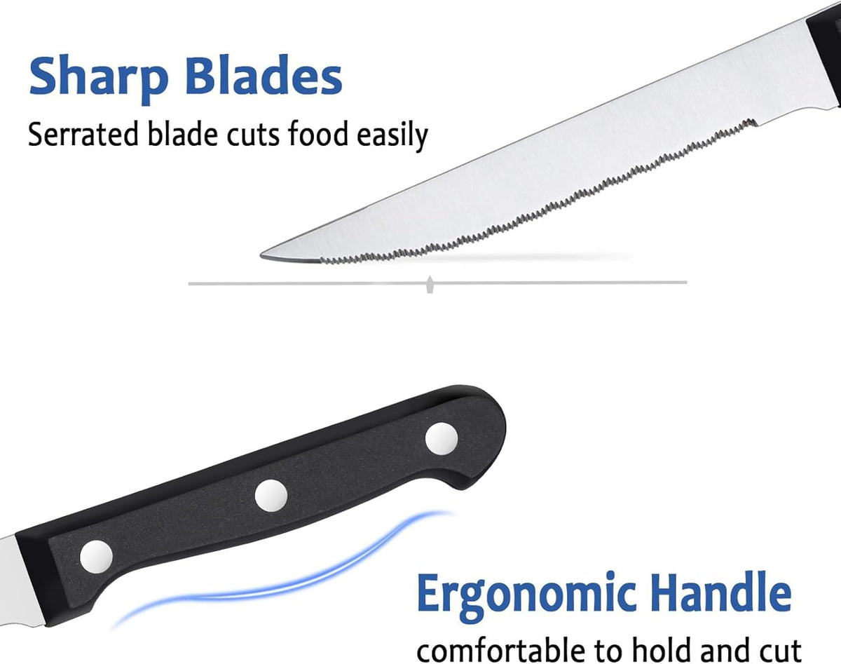 BEWOS serrated blades slice steak, pork, and chicken with ease.
