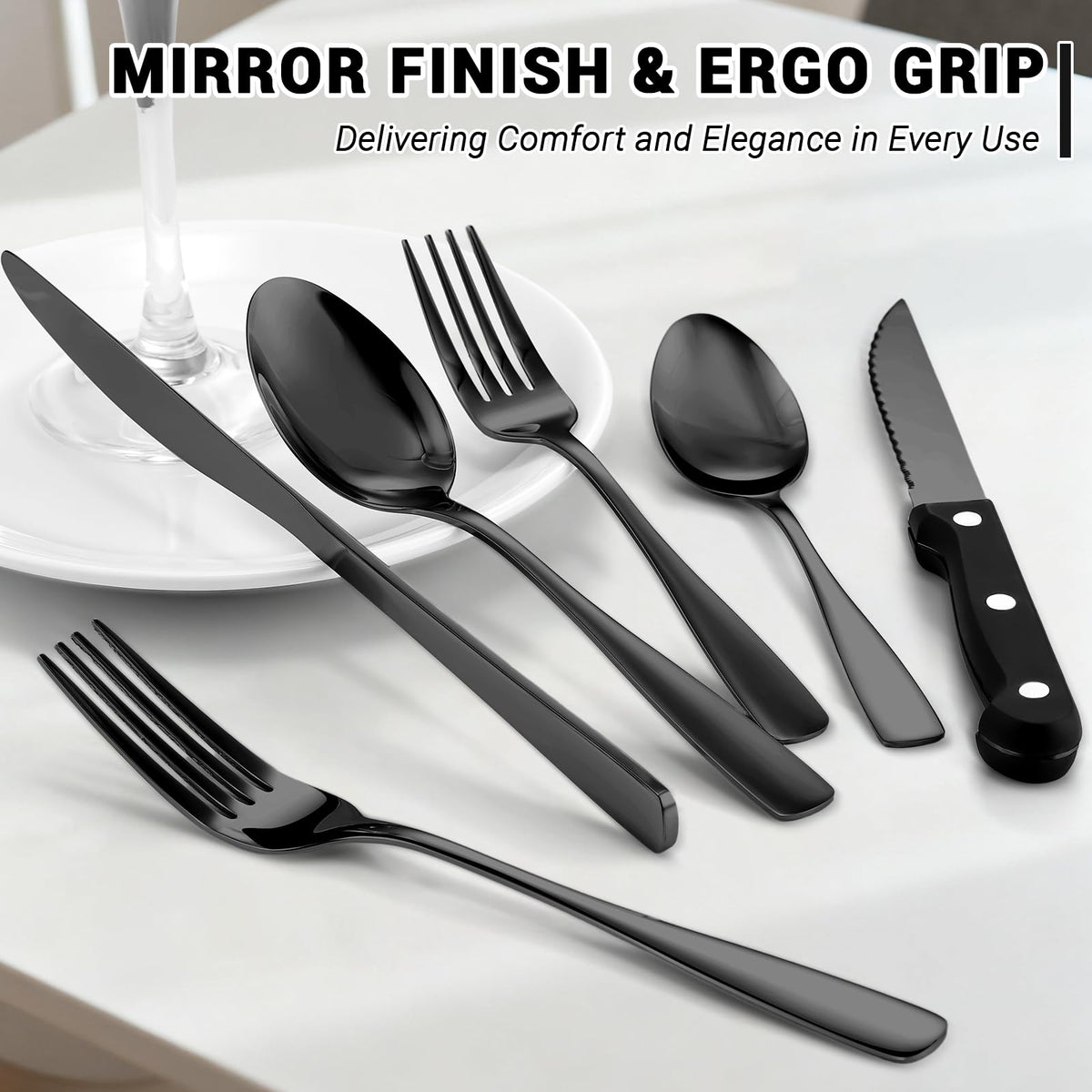 BEWOS three-rivet steak knife with ergonomic handle for comfortable slicing.