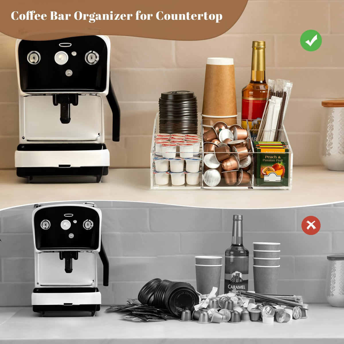 BEYGORM acrylic coffee bar station organizer compartments for pods sugar tea bags and more