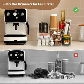 BEYGORM acrylic coffee bar station organizer compartments for pods sugar tea bags and more