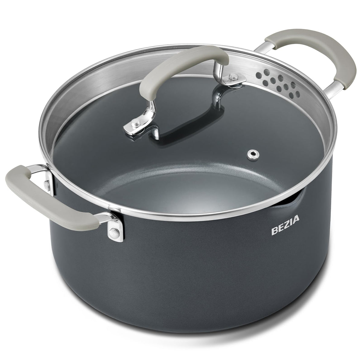 BEZIA 6 Qt nonstick stock pot with lid for even heating and easy serving.