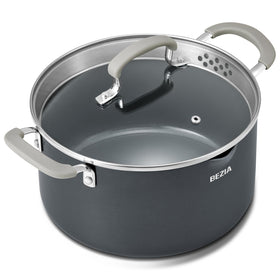 BEZIA 6 Qt nonstick stock pot with lid for even heating and easy serving.