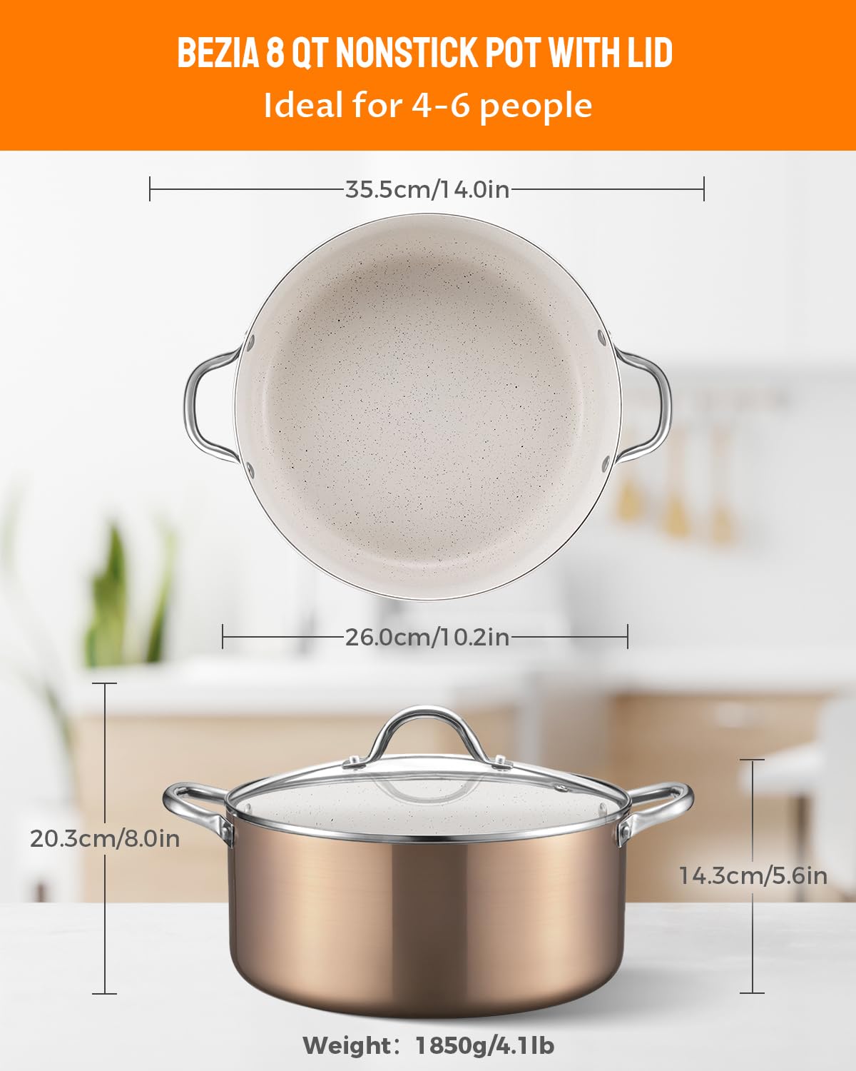 BEZIA 8-qt stock pot with granite interior offering easy release and cleaning