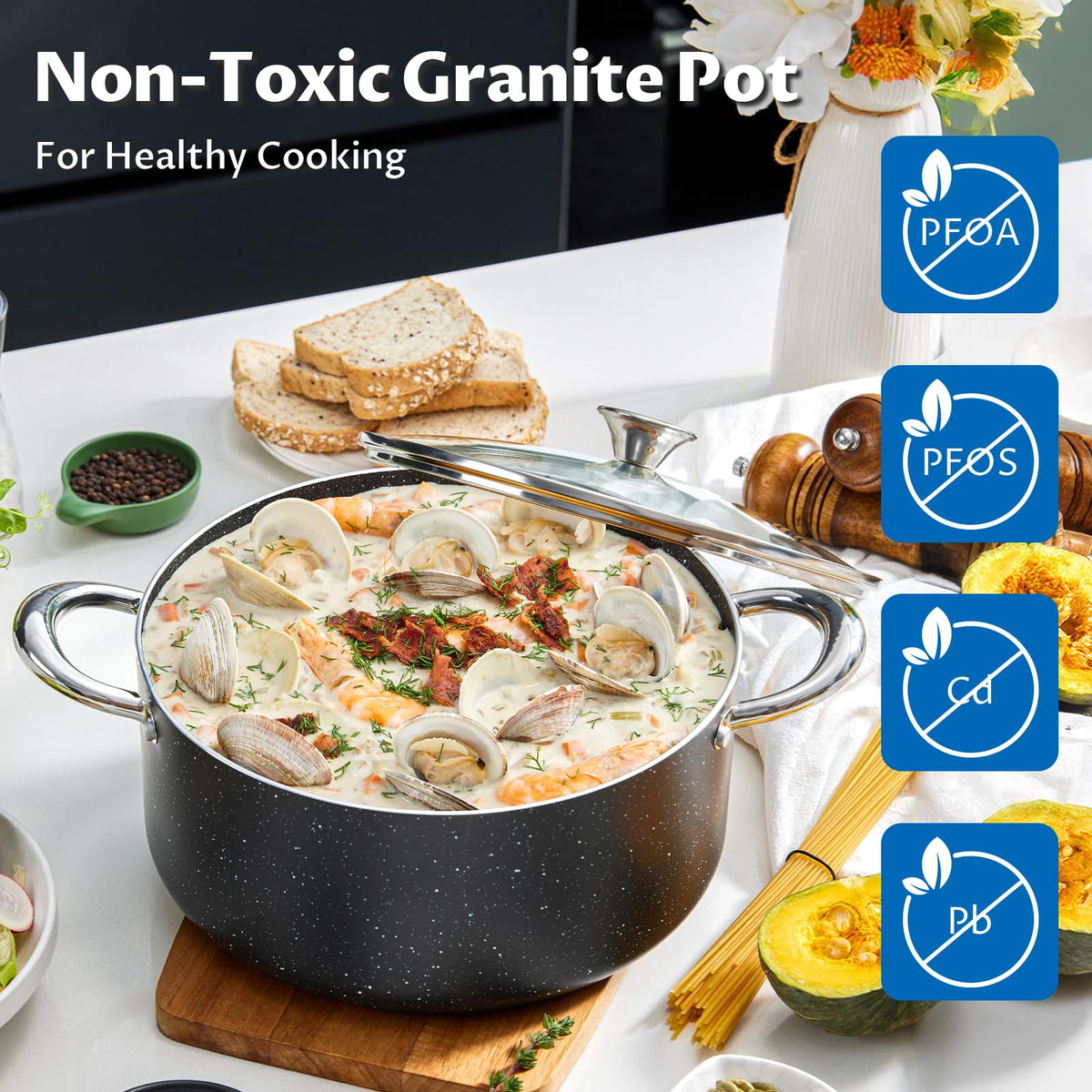 BEZIA 8qt stock pot granite nonstick interior facilitates quick release for sauces.