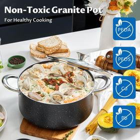 BEZIA 8qt stock pot granite nonstick interior facilitates quick release for sauces.
