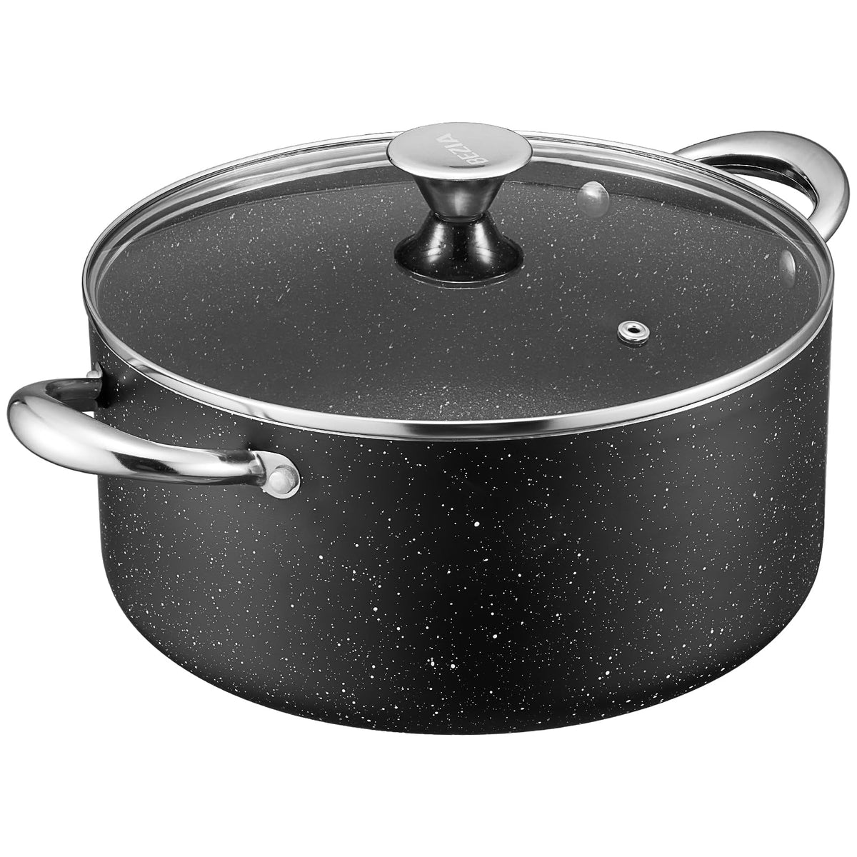 BEZIA 8-qt stock pot with lid on; induction-ready and easy to clean.