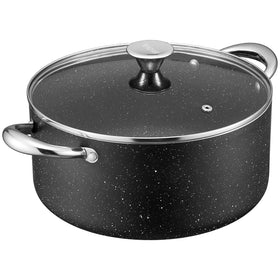 BEZIA 8-qt stock pot with lid on; induction-ready and easy to clean.