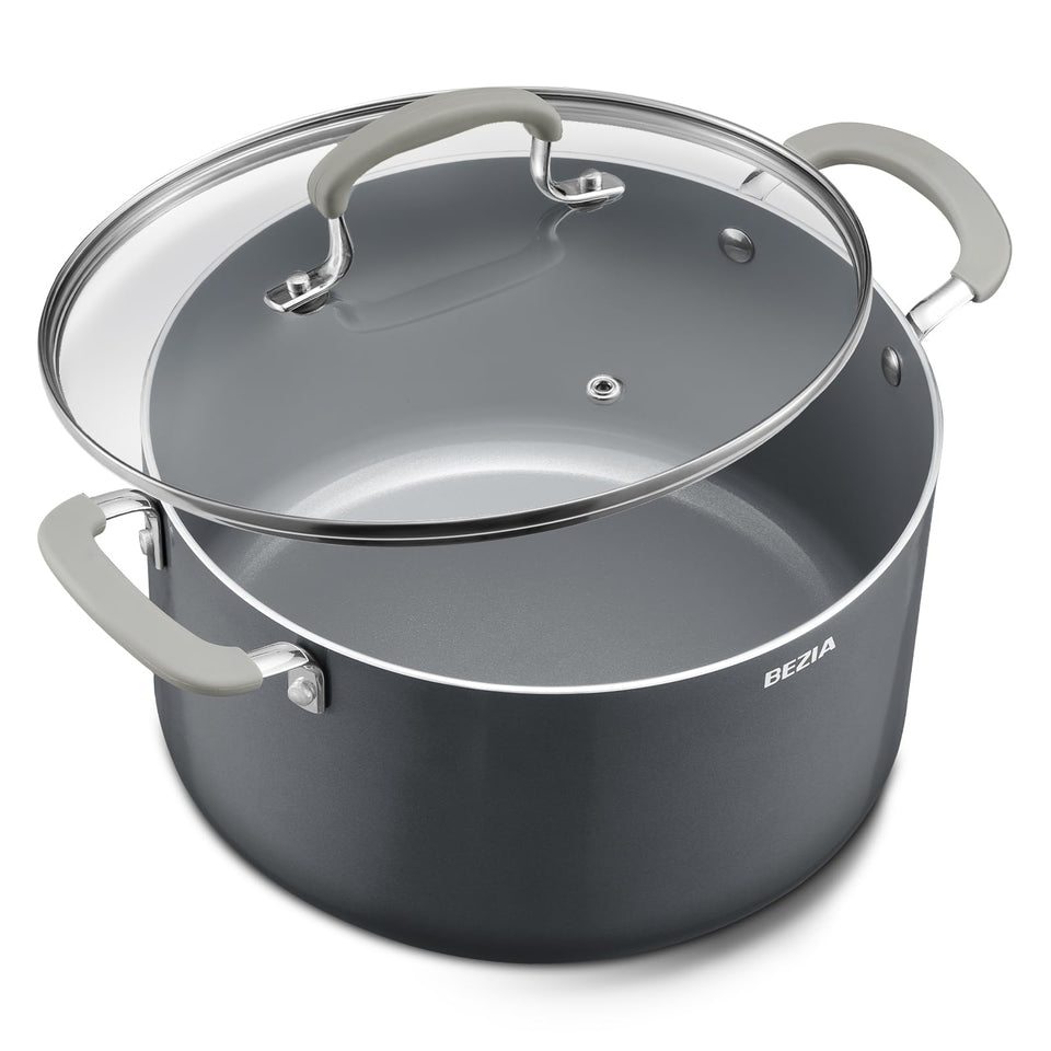 BEZIA 8QT stock pot with lid on stove for easy weeknight meals.