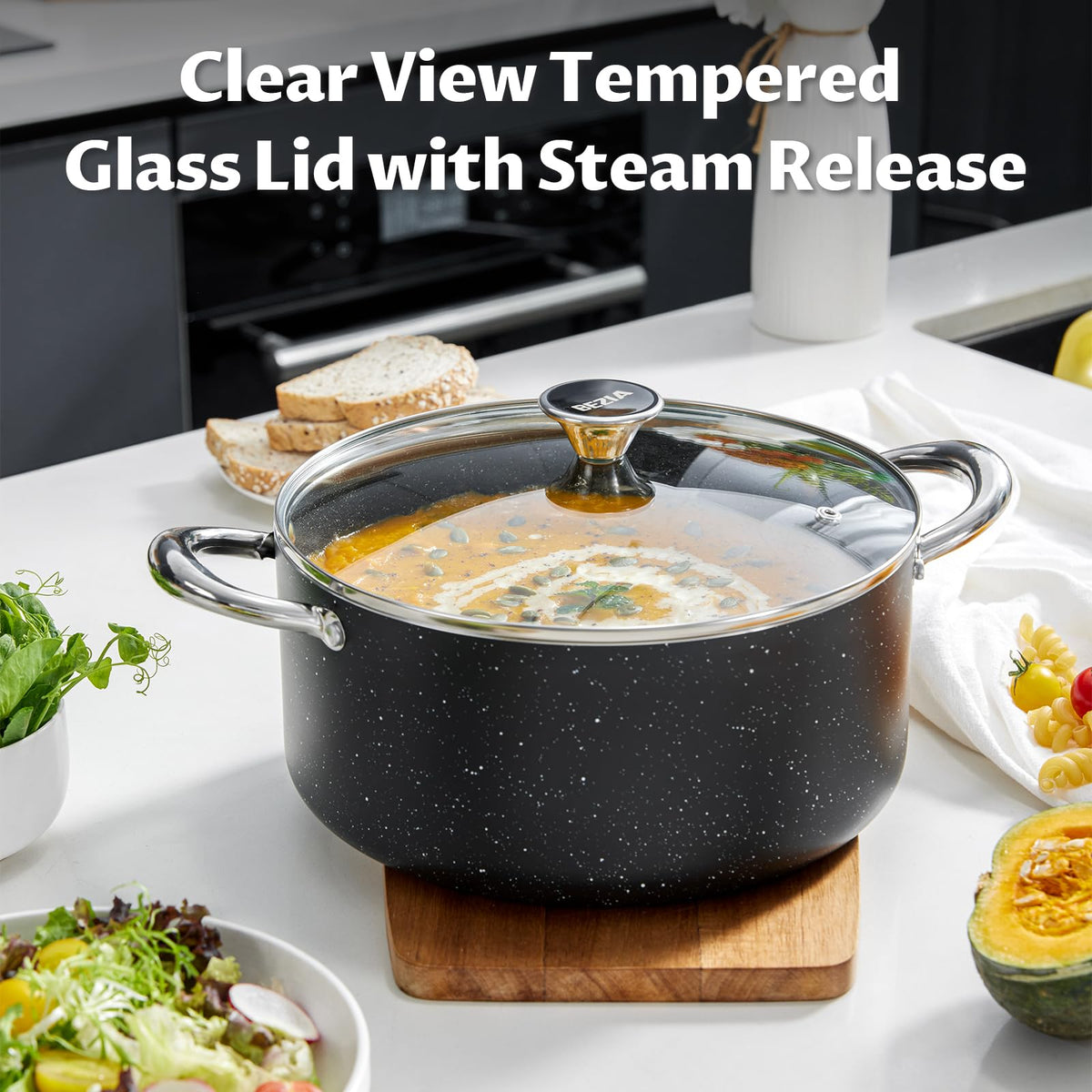BEZIA 8qt stock pot oven-safe up to 450°F for finishing dishes.