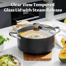 BEZIA 8qt stock pot oven-safe up to 450°F for finishing dishes.