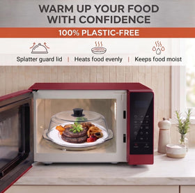 Bezrat easy-grip-handle enables safe covering and uncovering in the microwave.