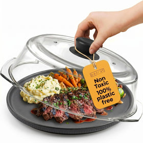 Bezrat glass plate cover with lid prevents microwave splatter during reheating.