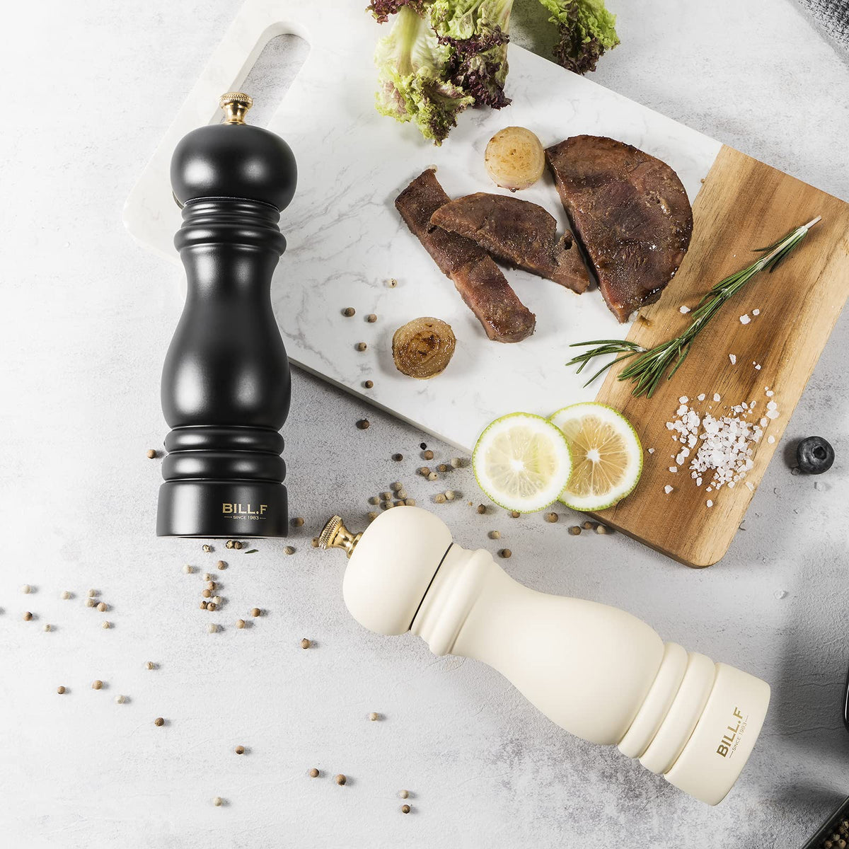 BF BILL.F pepper grinder 7-inch white with adjustable ceramic rotor for precise grind.