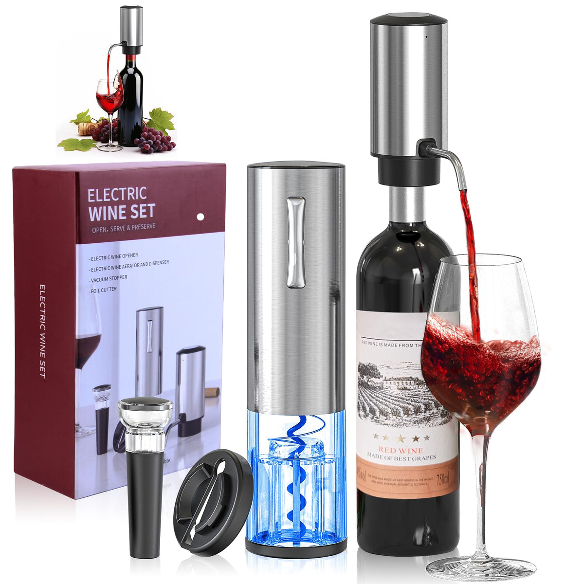 BGFOX 4-in-1 wine opener set in stainless steel for elegant hosting