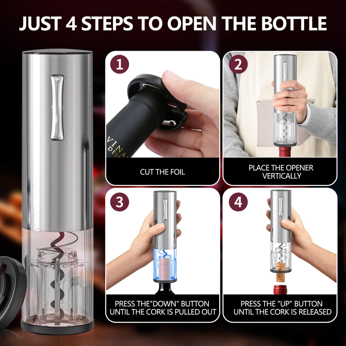 BGFOX rechargeable wine opener showing long-lasting battery ready for use