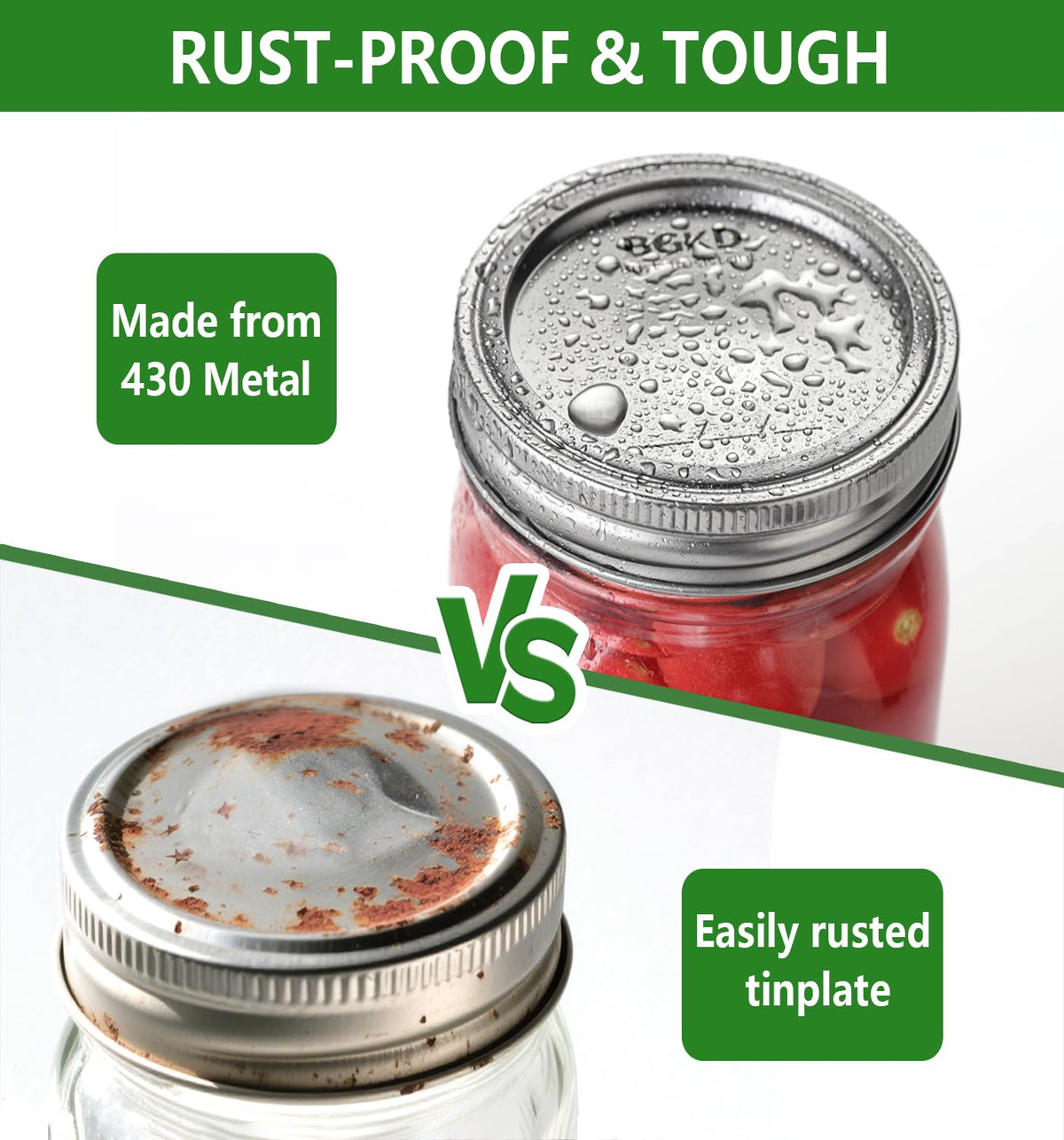 BGKD ball Kerr regular-mouth lids close-up showing rust resistance and fit