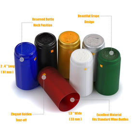 Shrink-wrap capsules sized for standard wine bottles achieve a clean fit.