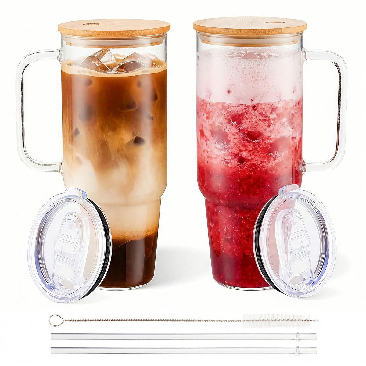 BGRAING 40 oz glass tumbler with handle and bamboo lid for fresh, spill-free sipping