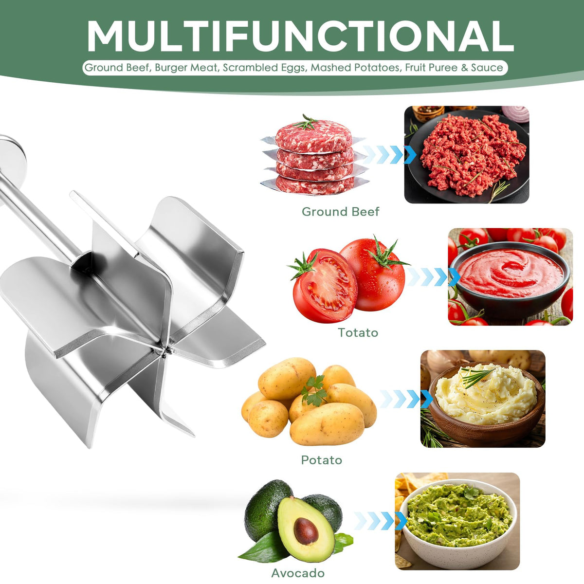 BGWARA versatile tool doubles as potato masher and avocado crusher for versatile prep.