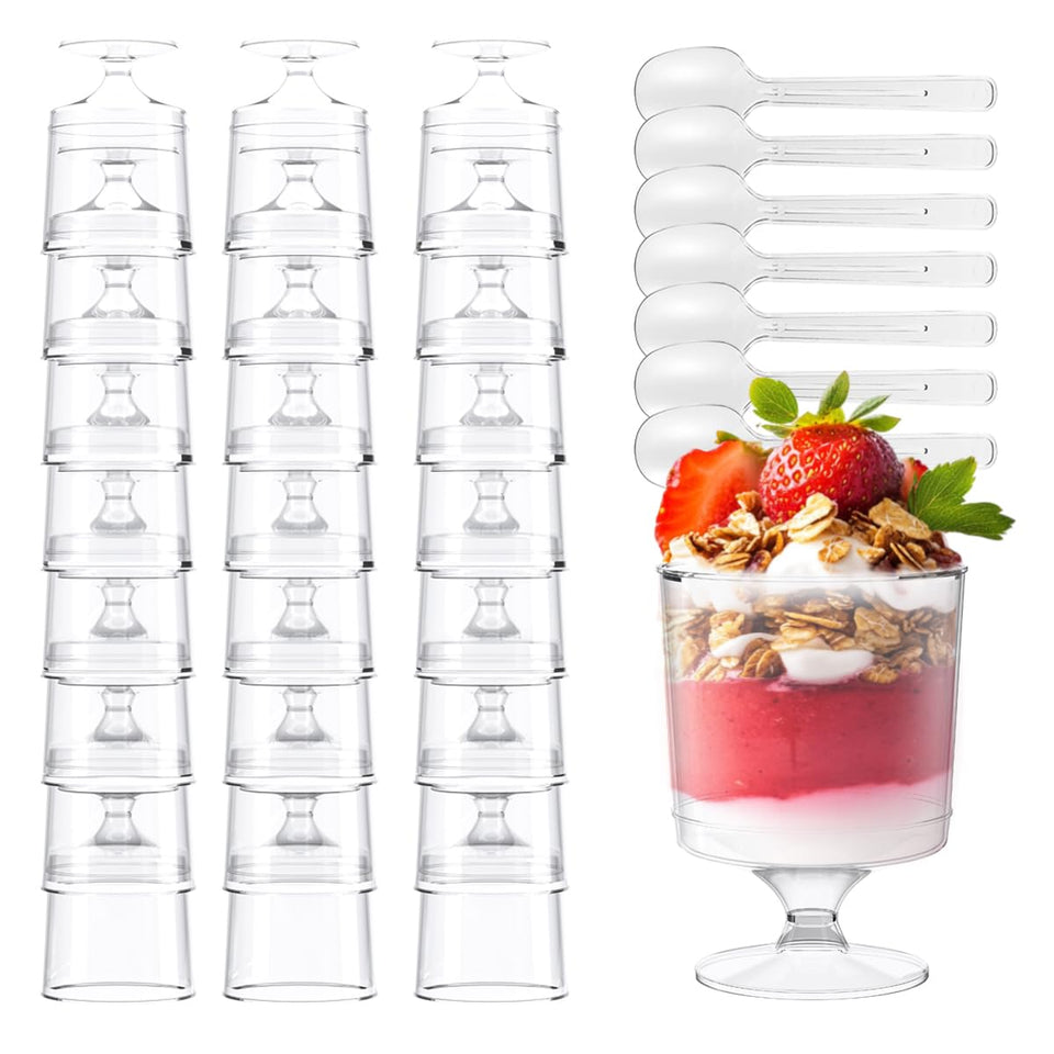 BHHQHH 5oz clear dessert cups highlight layered desserts for elegant presentation.