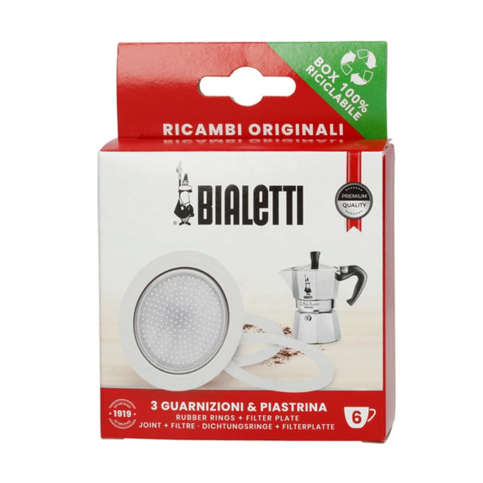 Bialetti 6-cup replacement gasket and filter for a tighter seal.