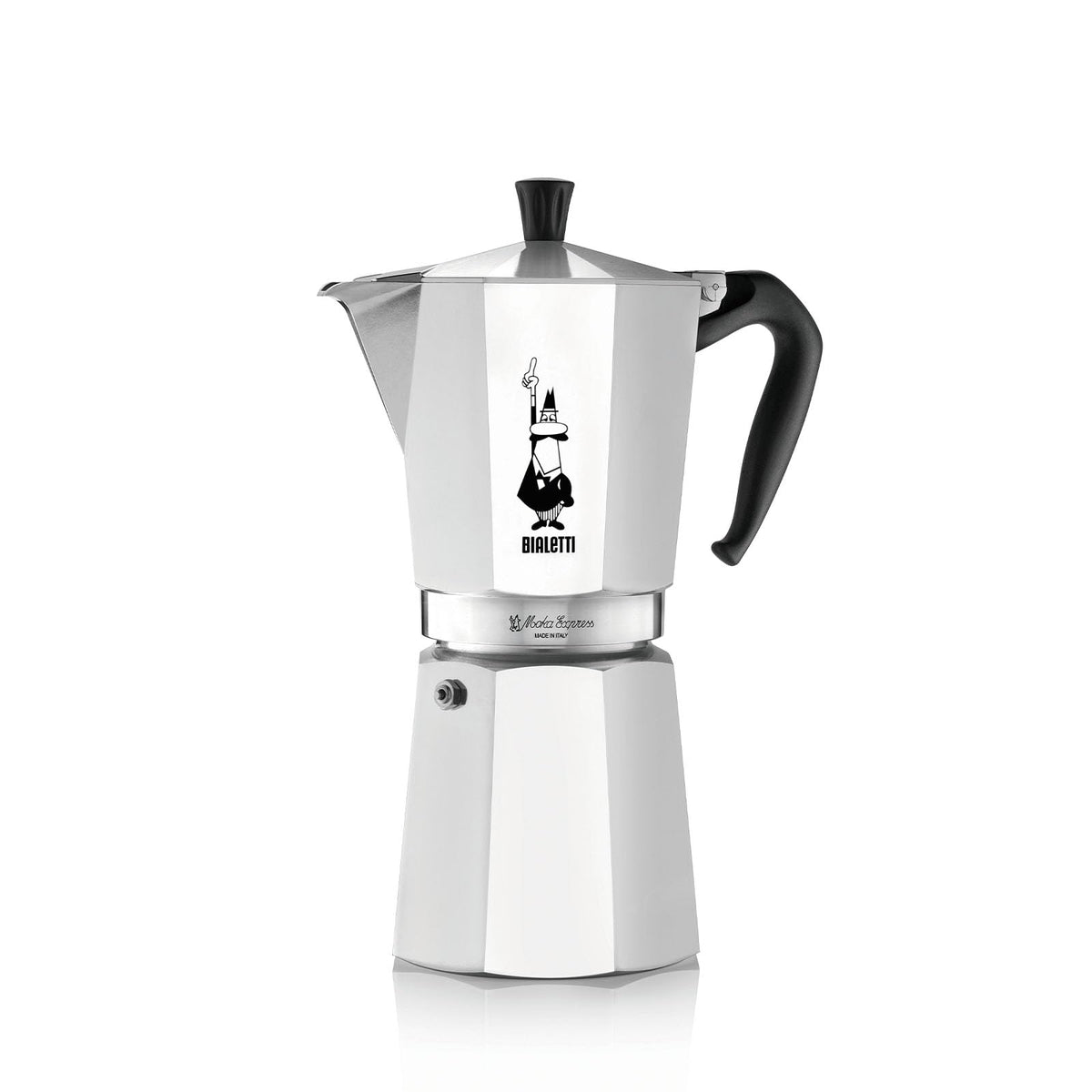Bialetti Moka Express 12-cup aluminum pot on stove for authentic Italian coffee