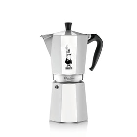 Bialetti Moka Express 12-cup aluminum pot on stove for authentic Italian coffee