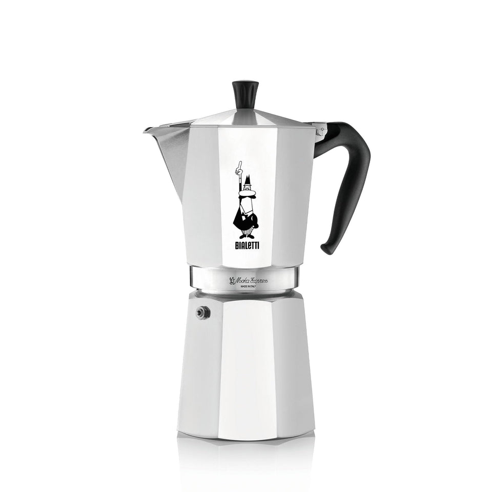 Bialetti Moka Express 12-cup aluminum pot on stove for authentic Italian coffee