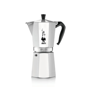 Bialetti Moka Express 18-cup pot on stove for authentic Italian coffee.