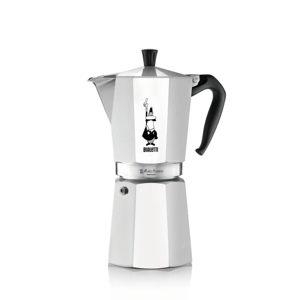 Bialetti Moka Express 18-cup pot on stove for authentic Italian coffee.