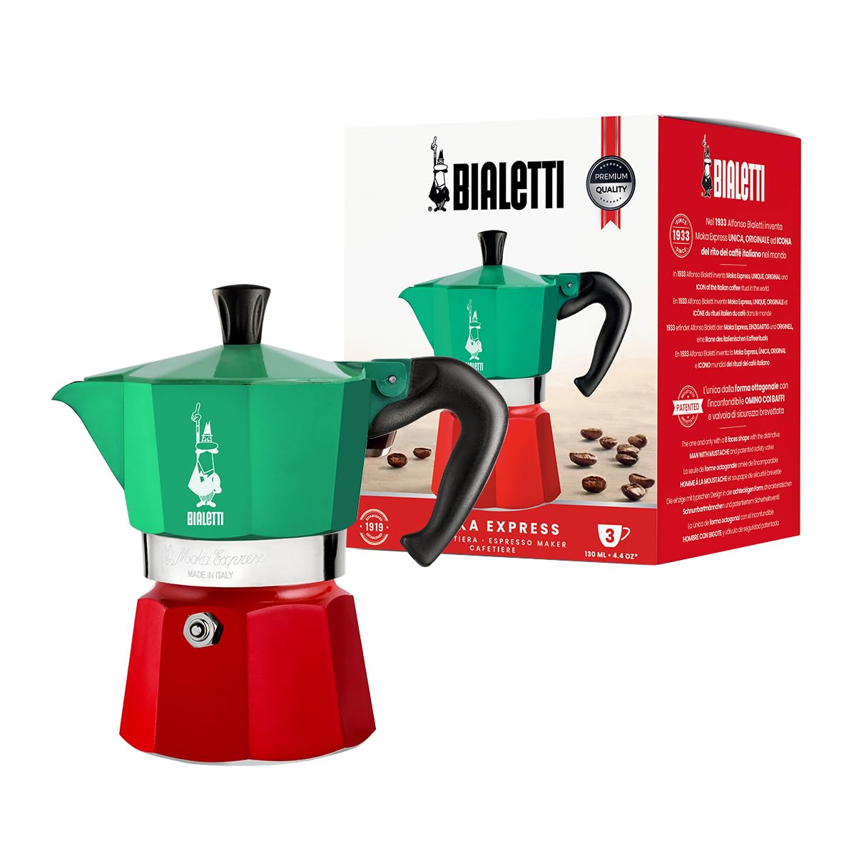 Bialetti Moka Express 3-cup red ready to brew an authentic Italian coffee at home.
