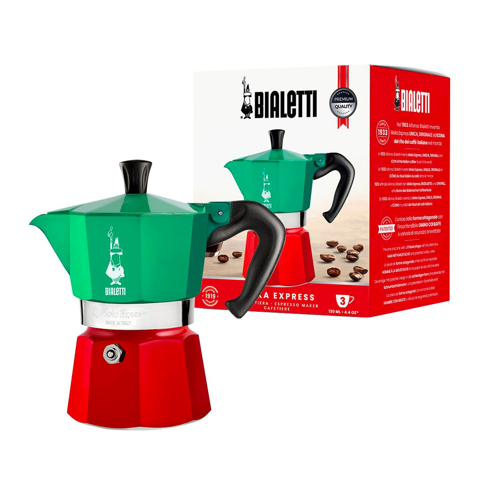 Bialetti Moka Express 3-cup red ready to brew an authentic Italian coffee at home.