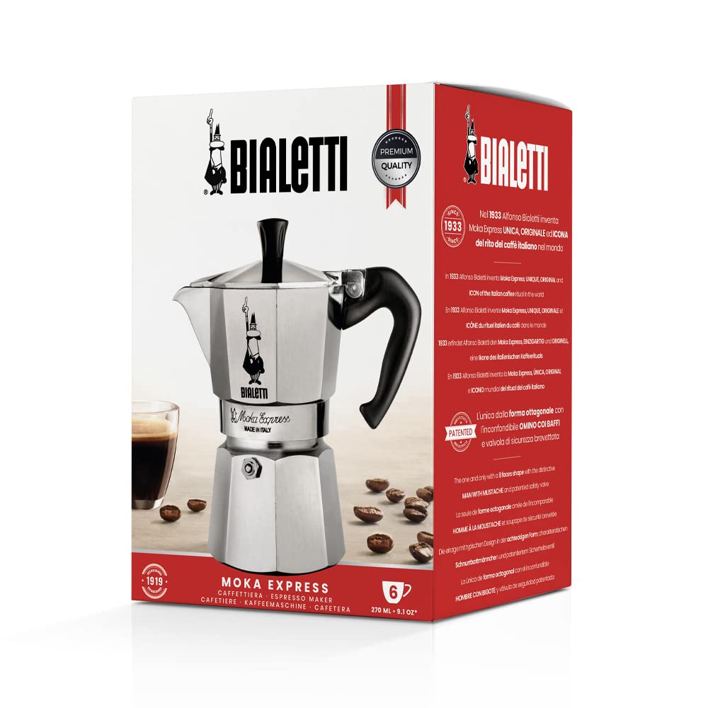 Bialetti Moka Express 6-cup size ready to serve espresso cups.