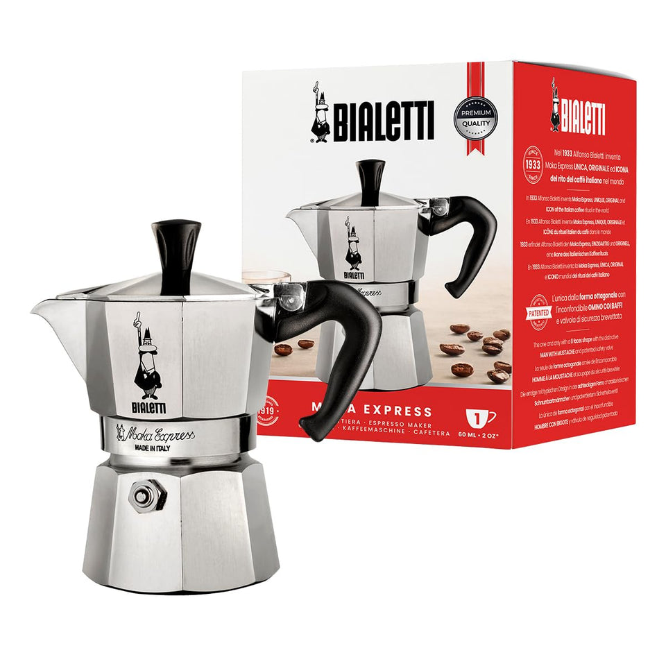 Bialetti Moka Express iconic design silhouette with brand mark for authentic Italian coffee