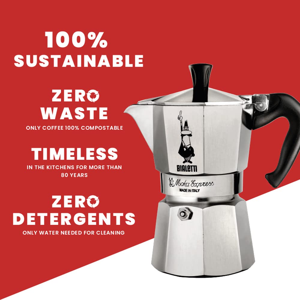 Induction compatibility with adapter plate expands cooking options for Moka Express.