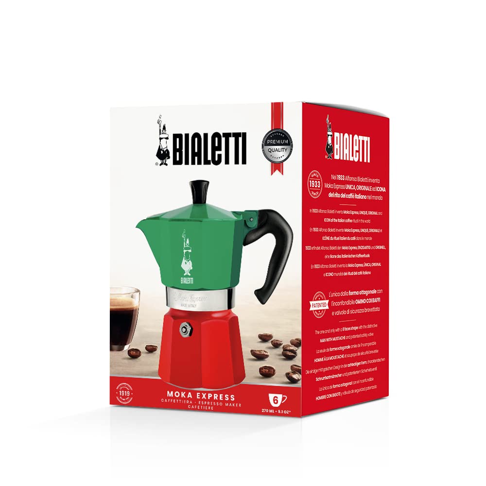 Bialetti Moka Express Italia green-on-stovetop pot delivering fragrant espresso on busy mornings