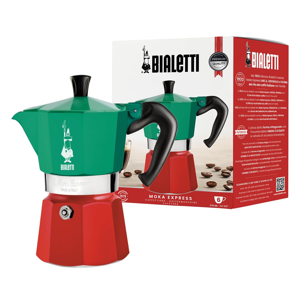 Bialetti Moka Express Italia red 6-cup pot ready to brew authentic Italian coffee at home