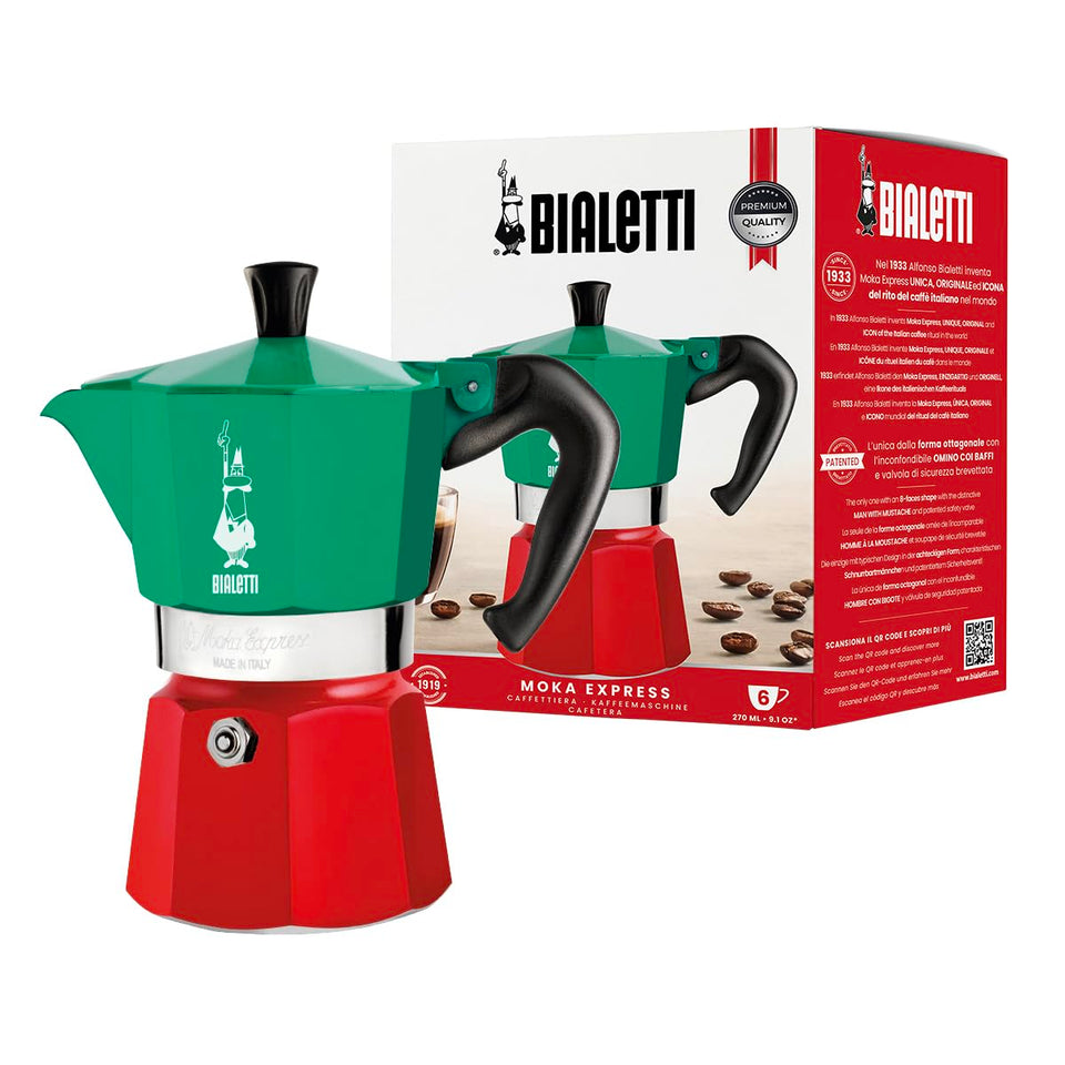 Bialetti Moka Express Italia red 6-cup pot ready to brew authentic Italian coffee at home