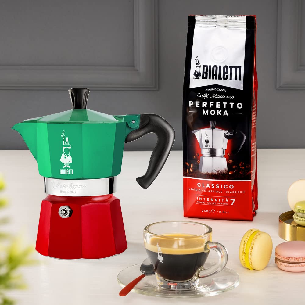 Bialetti Moka Express Italia silver 6-cup pot blends timeless design with strong stovetop flavor