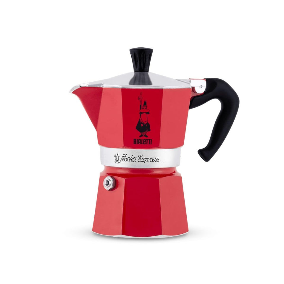 Bialetti Moka Express red front view highlights iconic eight-sided heat-diffusing design for even heat