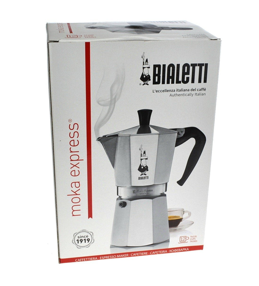 Bialetti patented safety valve ensures safe pressure release during brewing.