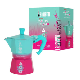Bialetti Moka Express squid-game-design highlights vibrant colors for fans to brew rich espresso.
