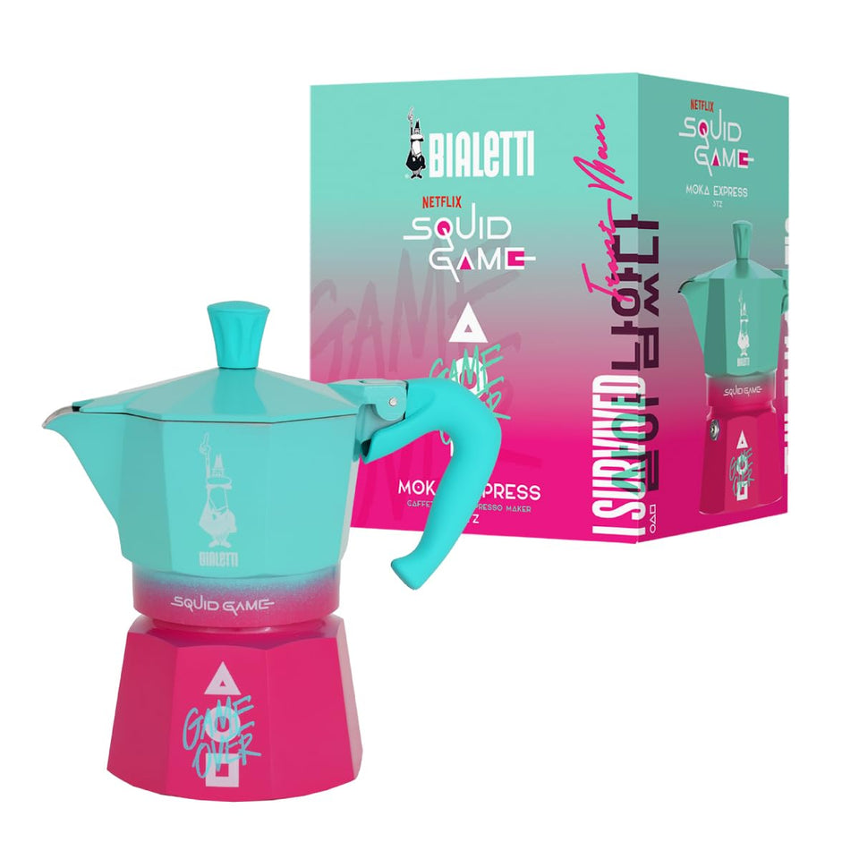 Bialetti Moka Express squid-game-design highlights vibrant colors for fans to brew rich espresso.
