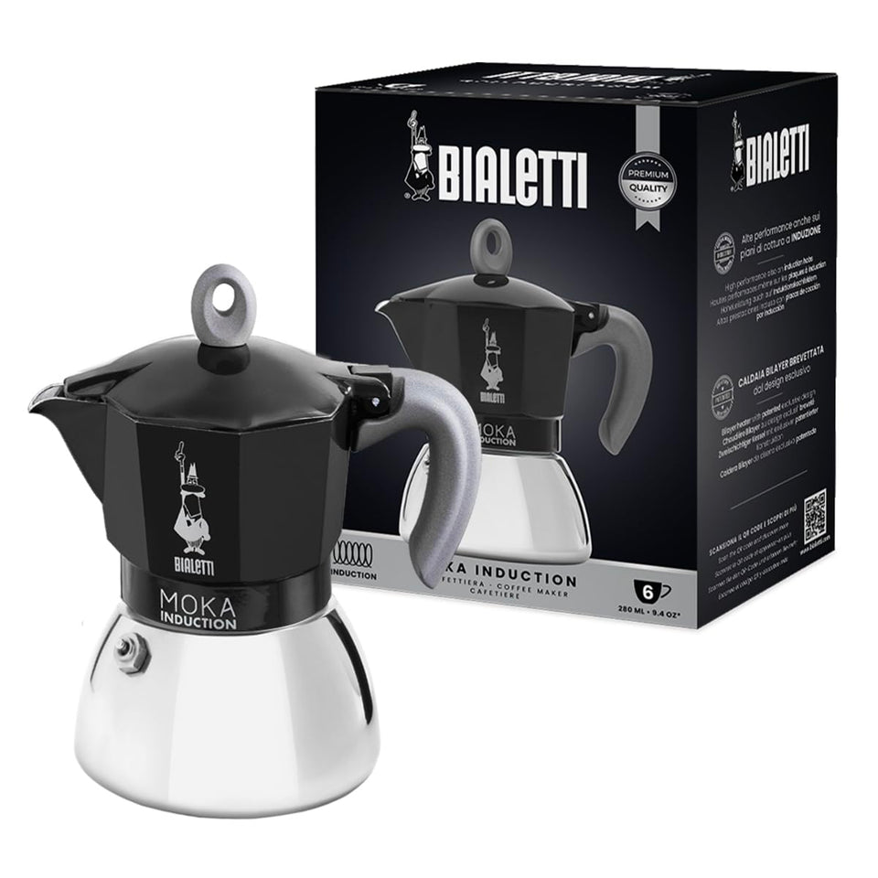 Bialetti Moka Induction front view ready to brew a full-bodied espresso.